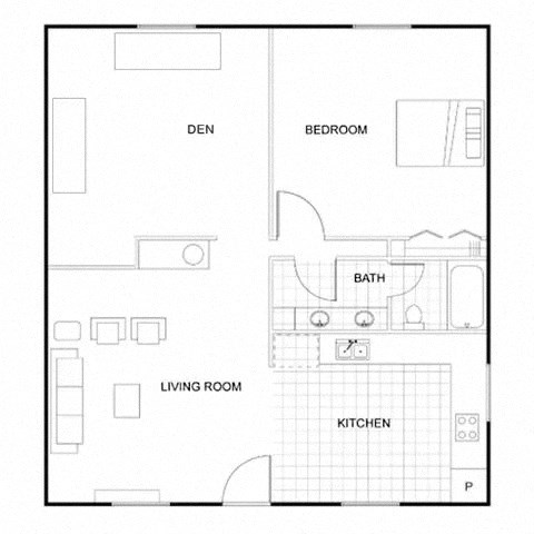 A floor plan of a house with a den, bedroom, bath, living room, and kitchen.